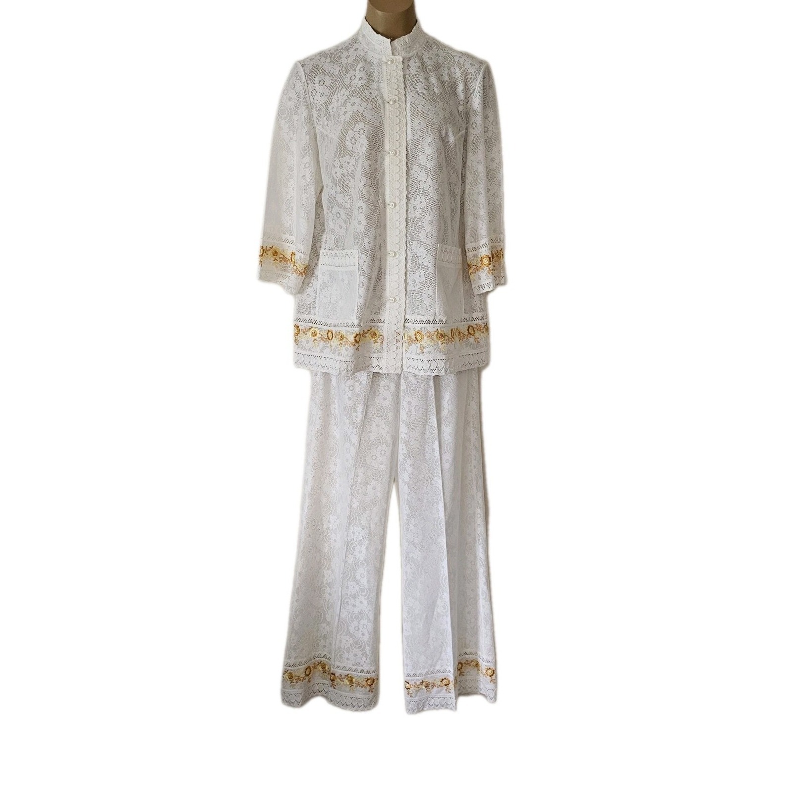 Vtg 60s 70s Palmers Lace Lounge Set Swim Cover Pjs Gold Trim Size M/L
